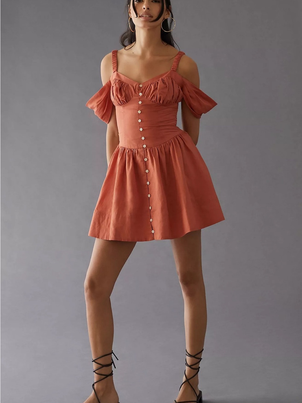 Anthropologie Linen Rust Orange Cold-Shoulder Button Mini Dress